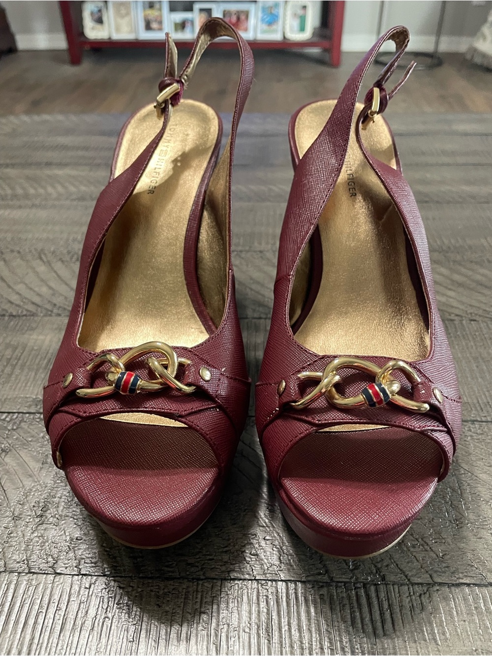 Tommy Hilfiger Burgundy Open-Toe Slingback Heels with Gold Accents
